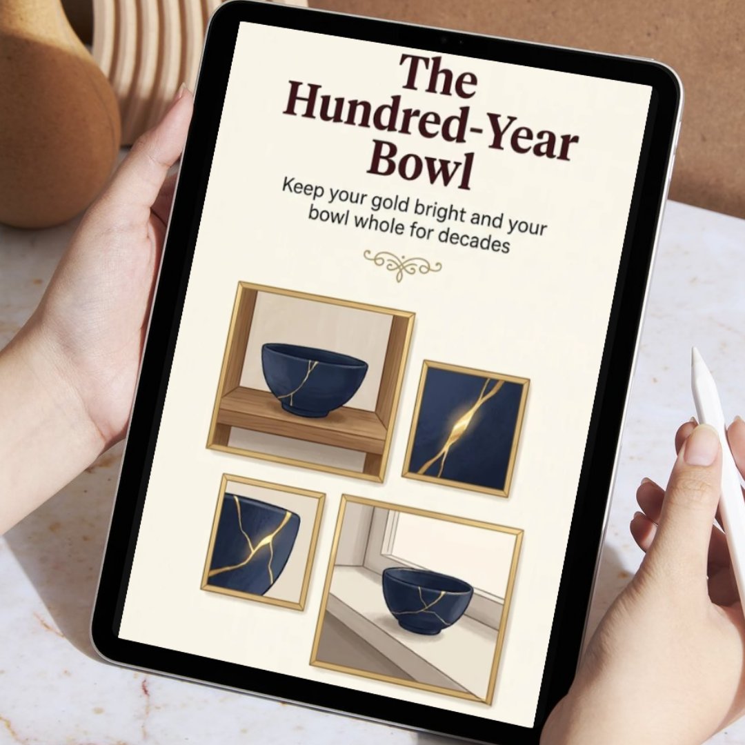 The Hundred-Year Bowl guide open on a tablet, showing framed care illustrations