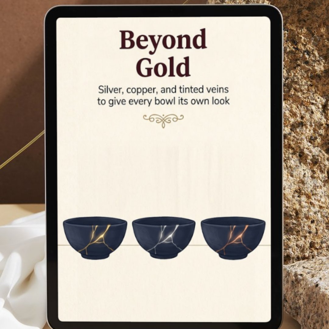 The Beyond Gold guide on a tablet, showing bowls mended in gold, silver, and copper