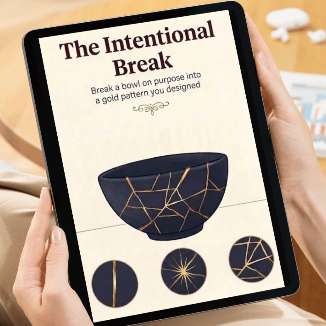 The Intentional Break guide on a tablet, showing a bowl with a designed web of gold veins