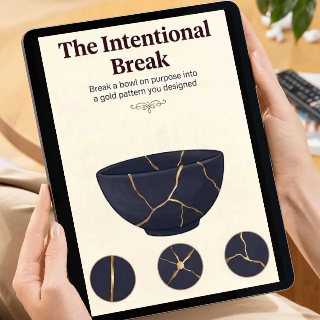 The Intentional Break guide on a tablet, showing a bowl with a designed web of gold veins