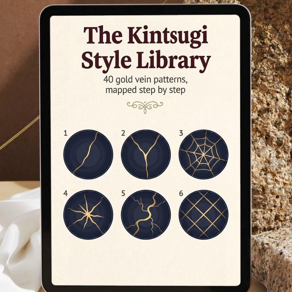 The Kintsugi Style Library on a tablet, showing numbered gold vein pattern maps