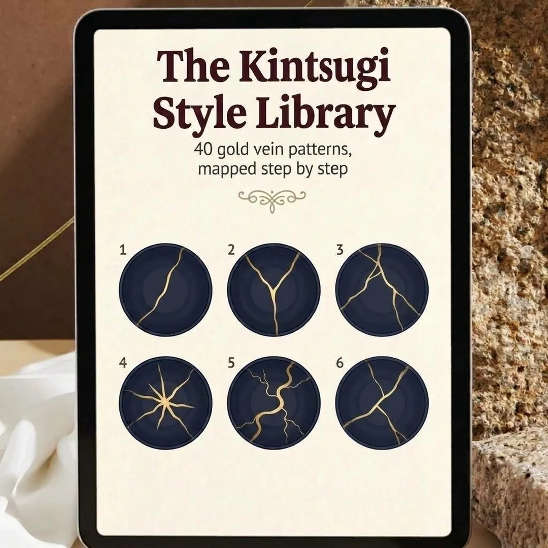 The Kintsugi Style Library on a tablet, showing numbered gold vein pattern maps
