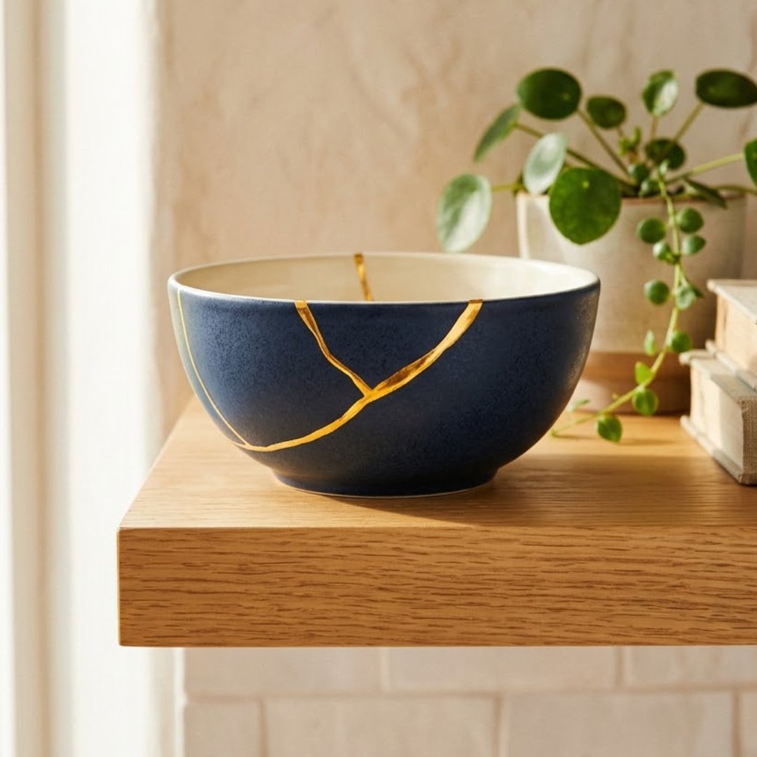 A deep indigo bowl with bright gold veins running through it, displayed on a wooden shelf beside a potted plant