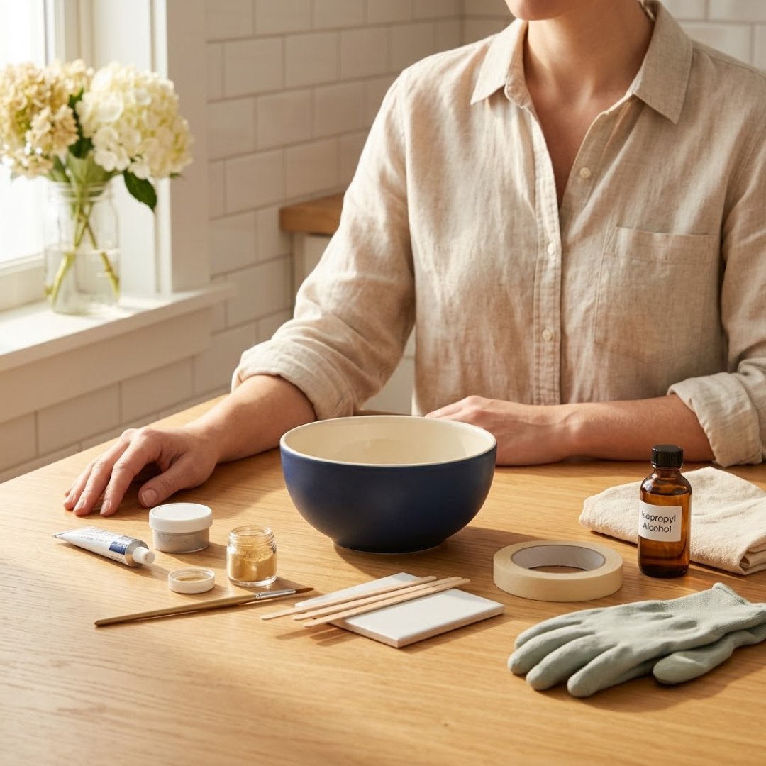 The full kintsugi starter kit on a kitchen table: epoxy, gold powder, brush, tape, and a navy bowl