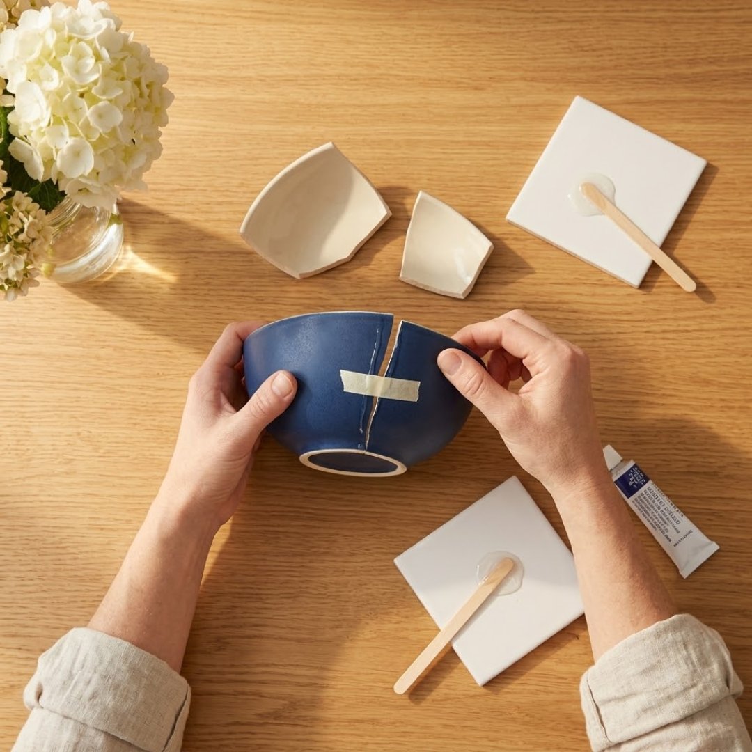 Two hands pressing a taped seam on a broken navy bowl, glue and spreader sticks nearby