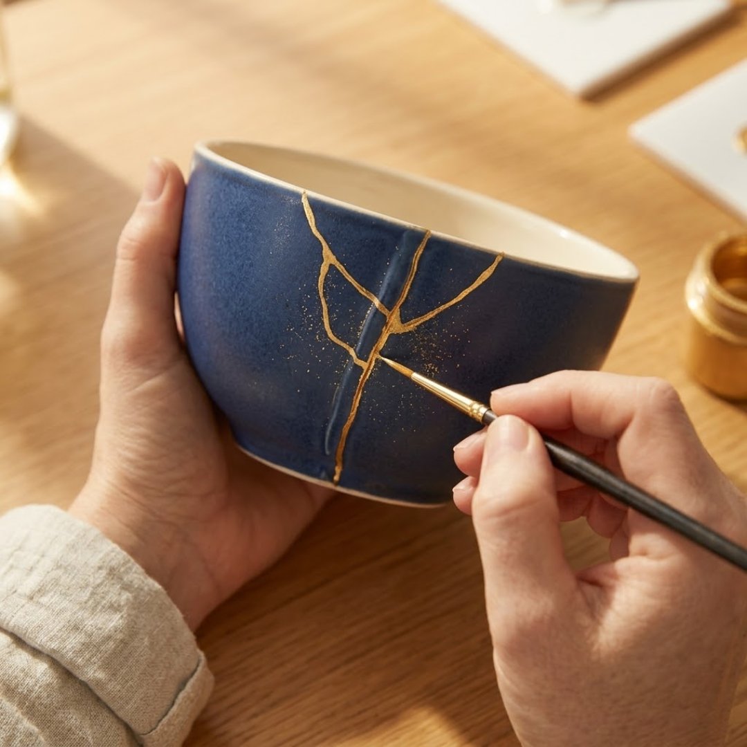 A fine brush laying gold along the crack lines of an indigo bowl