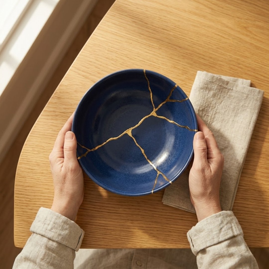 A finished kintsugi bowl seen from above, gold veins branching across deep blue glaze