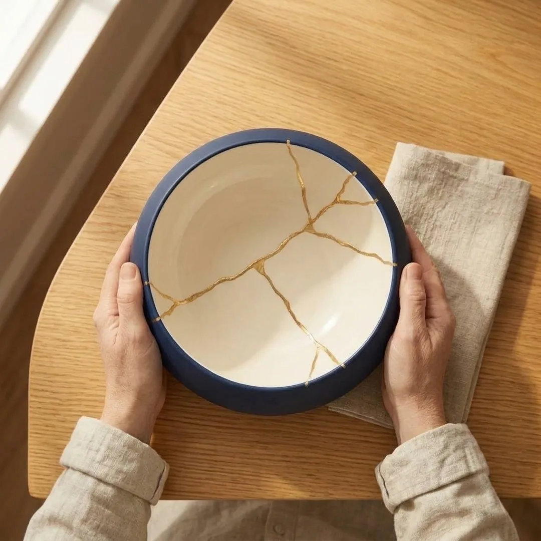 The finished bowl held over the table, gold veins branching across deep blue glaze