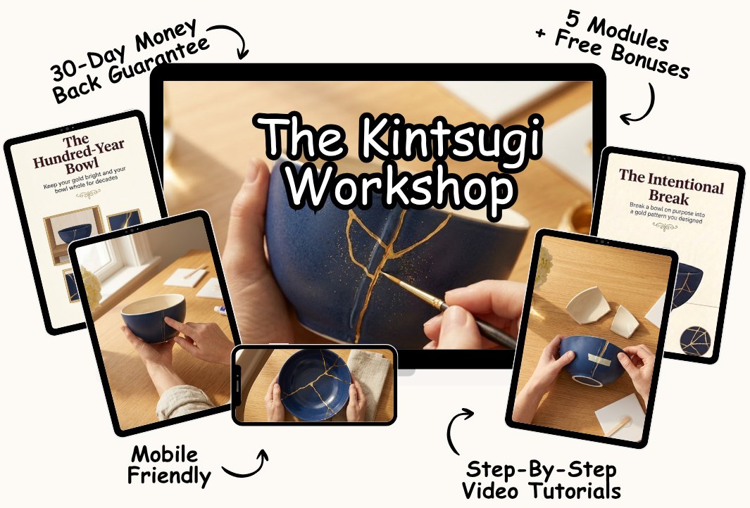 The Kintsugi Bowl Workshop shown across a laptop, tablets, and a phone