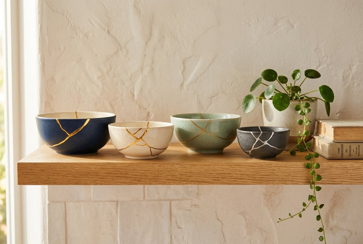 A row of mended bowls with gold veins, in indigo, cream, and celadon, lined up on a wooden kitchen shelf