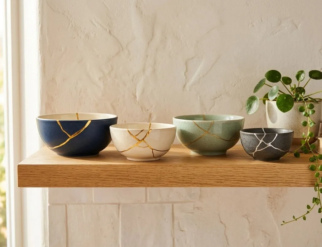 A row of mended bowls with gold and silver veins, in indigo, cream, celadon, and charcoal, lined up on a wooden kitchen shelf