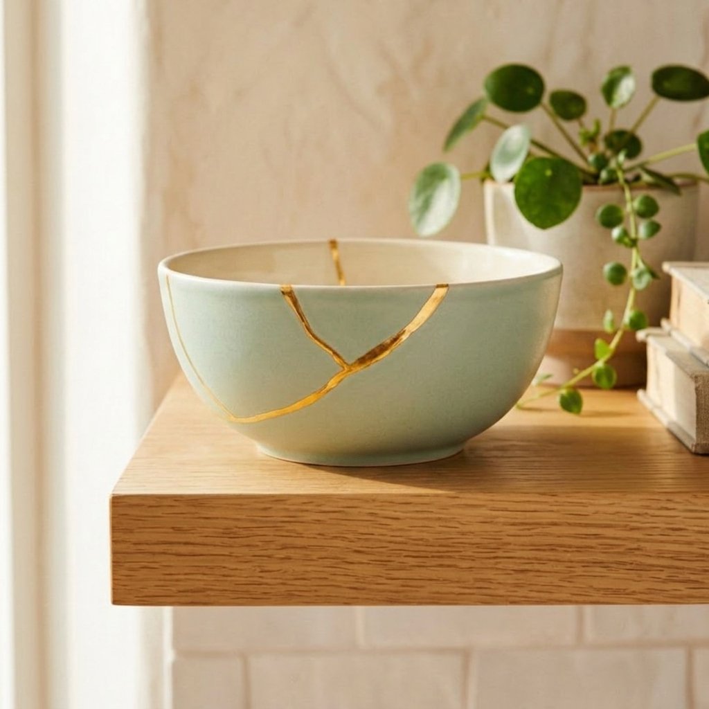 A pale celadon green bowl mended with gold veins on a wooden table