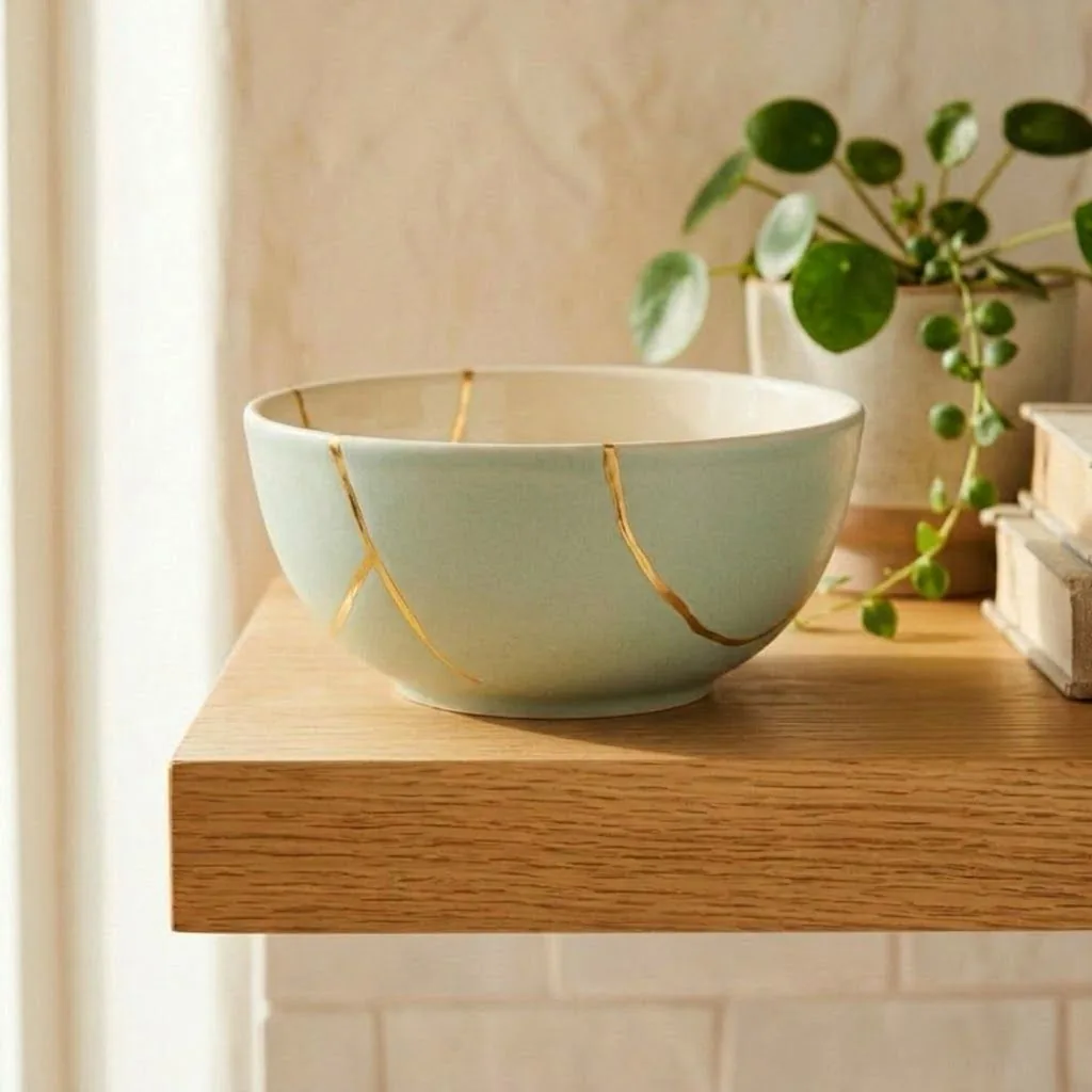 A pale celadon green bowl mended with gold veins on an oak shelf beside a trailing plant