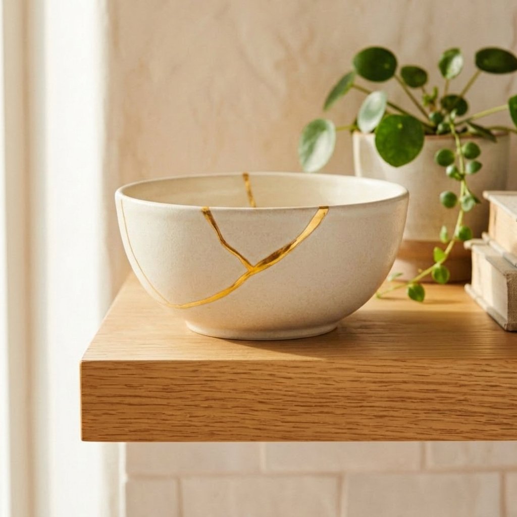 A cream colored bowl mended with thin gold veins beside a window