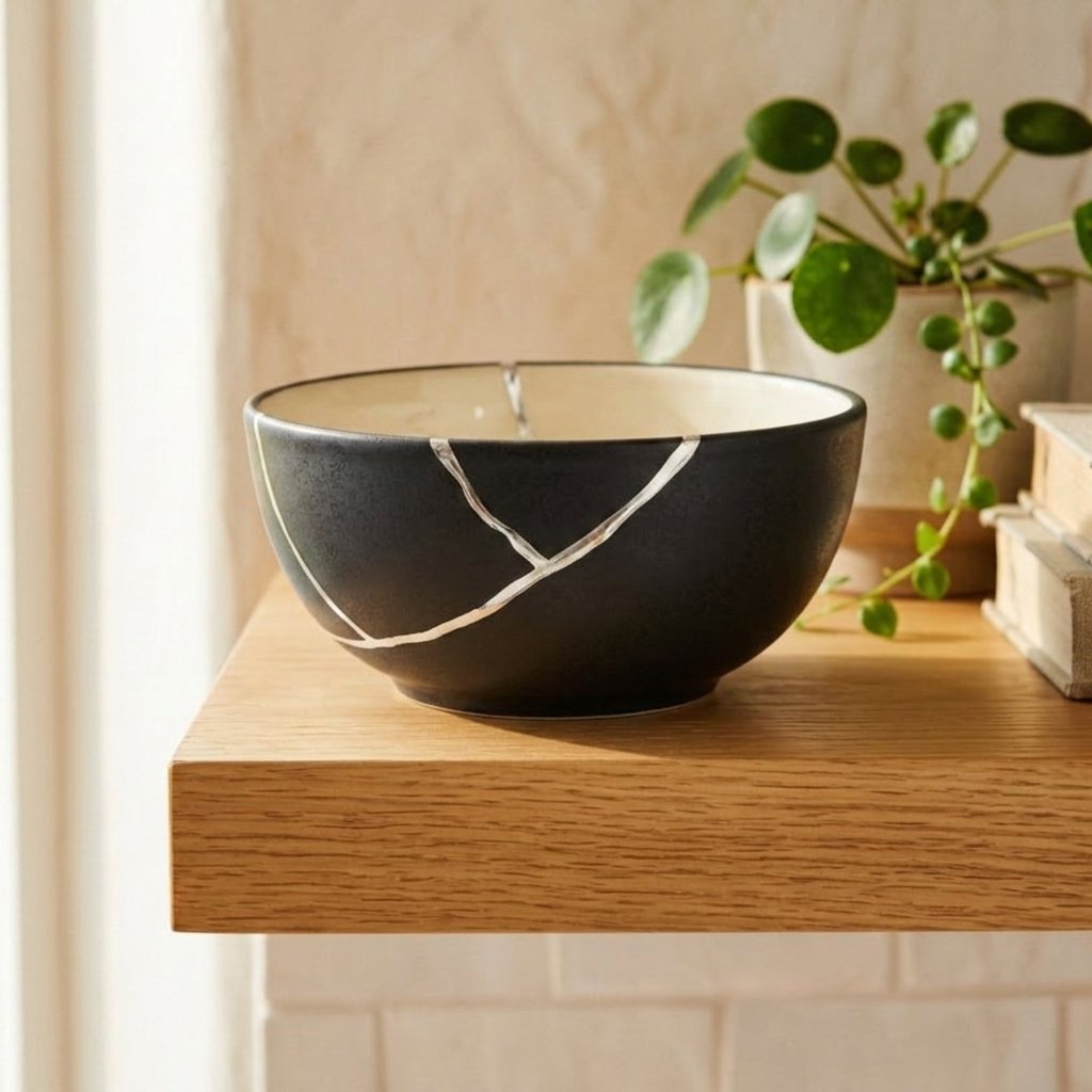 A charcoal black bowl mended with silver veins on a dark wood surface